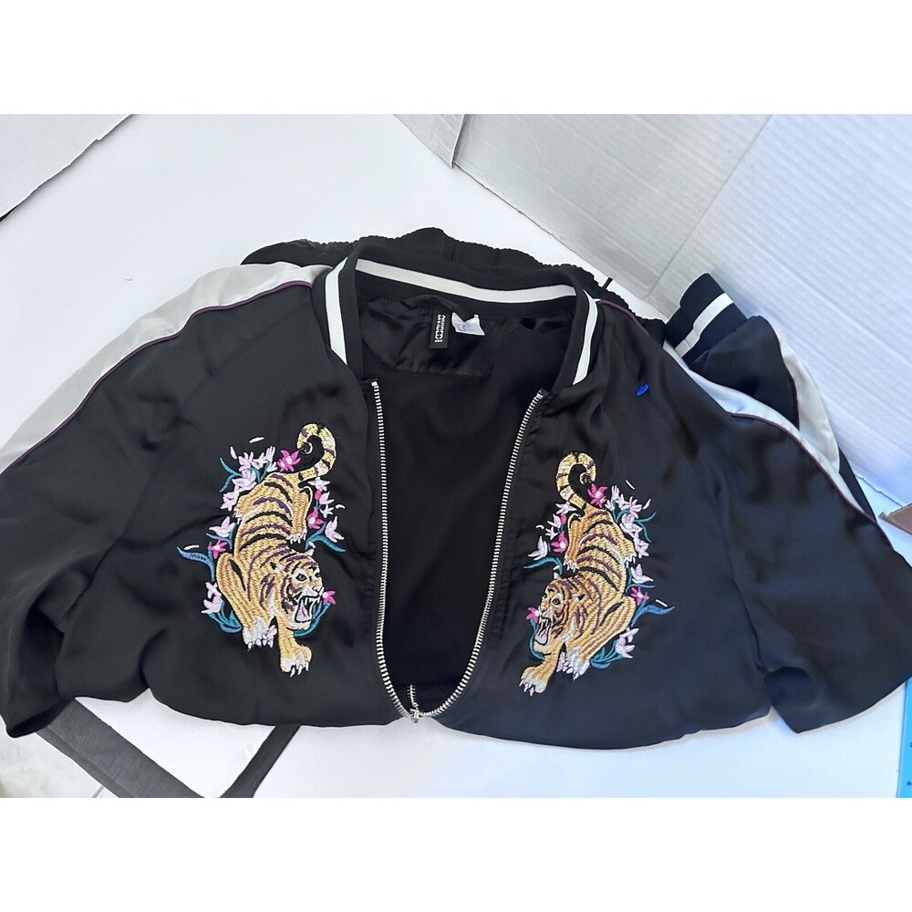 H&M Divided Tiger Bomber Jacket Satin Embroidered Black Women's Size 8